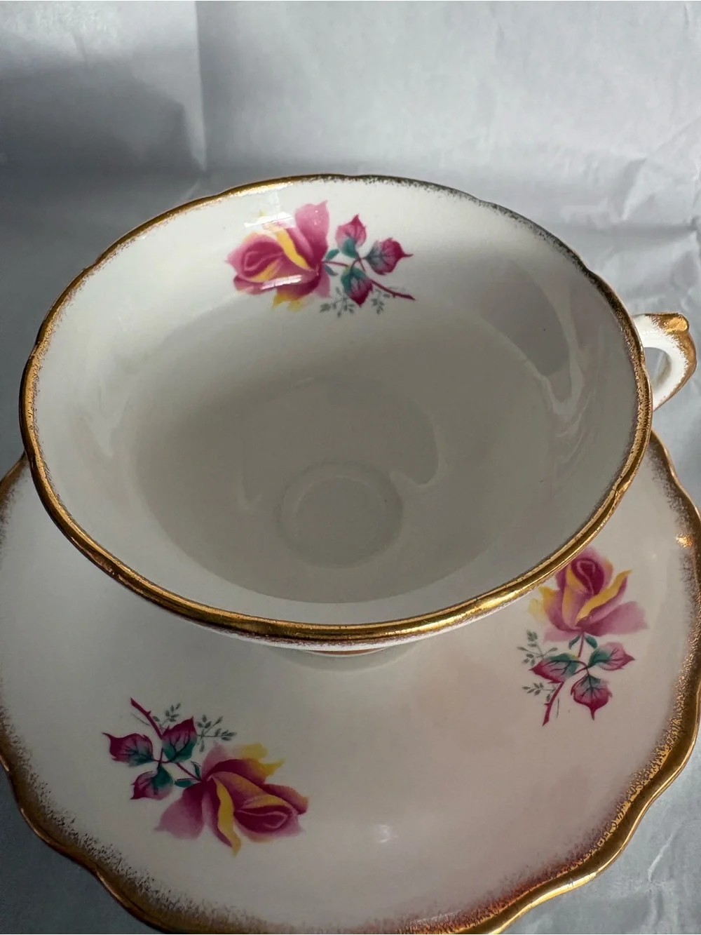 Rosina White Teacup & Saucer With Multi-color  Floral Gold Trim England Bone